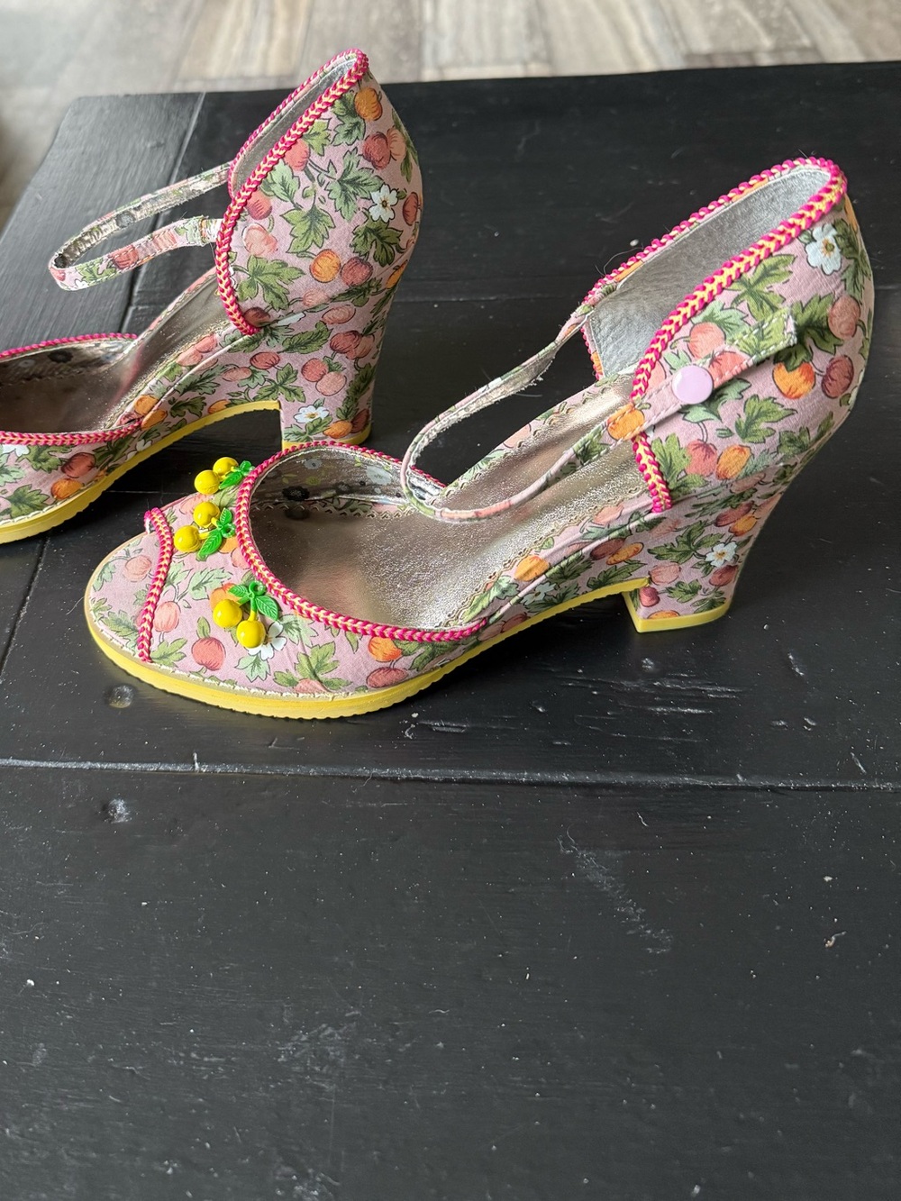 Poetic Licence Pink Floral Yellow Accent Mary Jane Wedge Heels